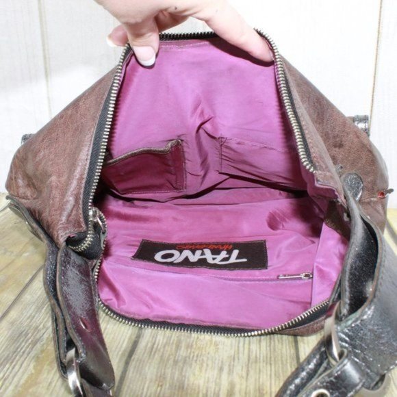 Tano Brown Distressed Leather Purple Lined Silver Trim Hobo Purse Shoulder Bag - Picture 9 of 10